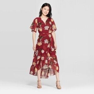 A New Day Red Floral Wrap Maxi Dress